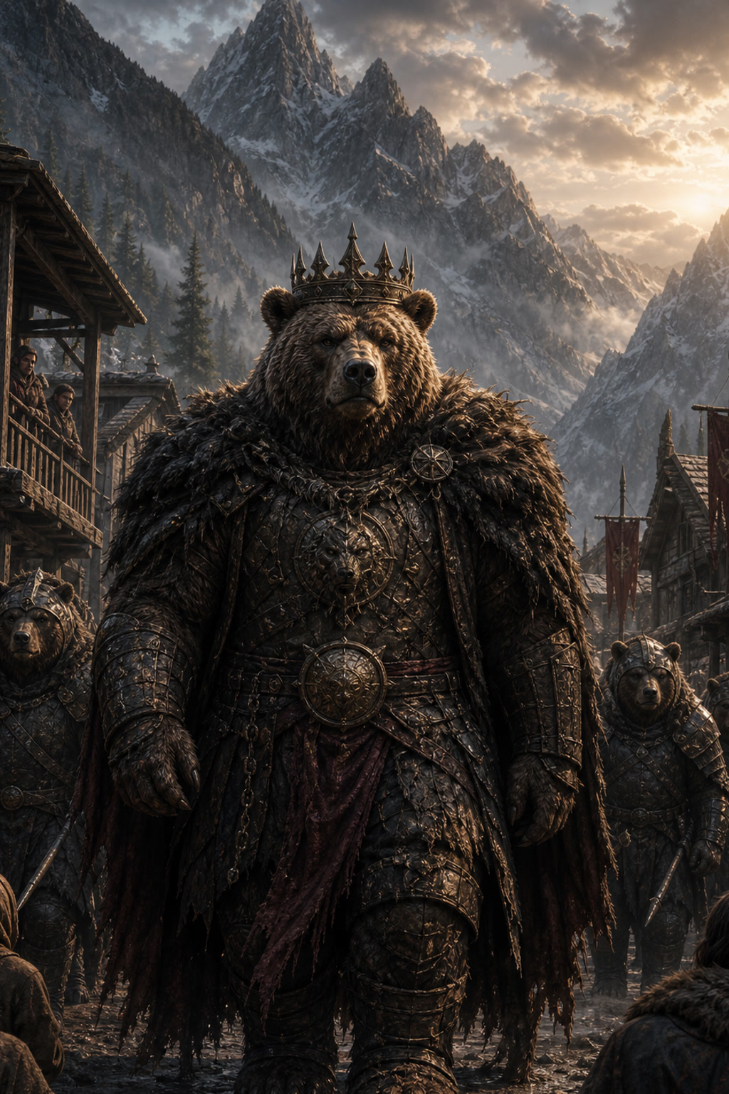 The Bear King marches through the mountain village, his guards at his back cover