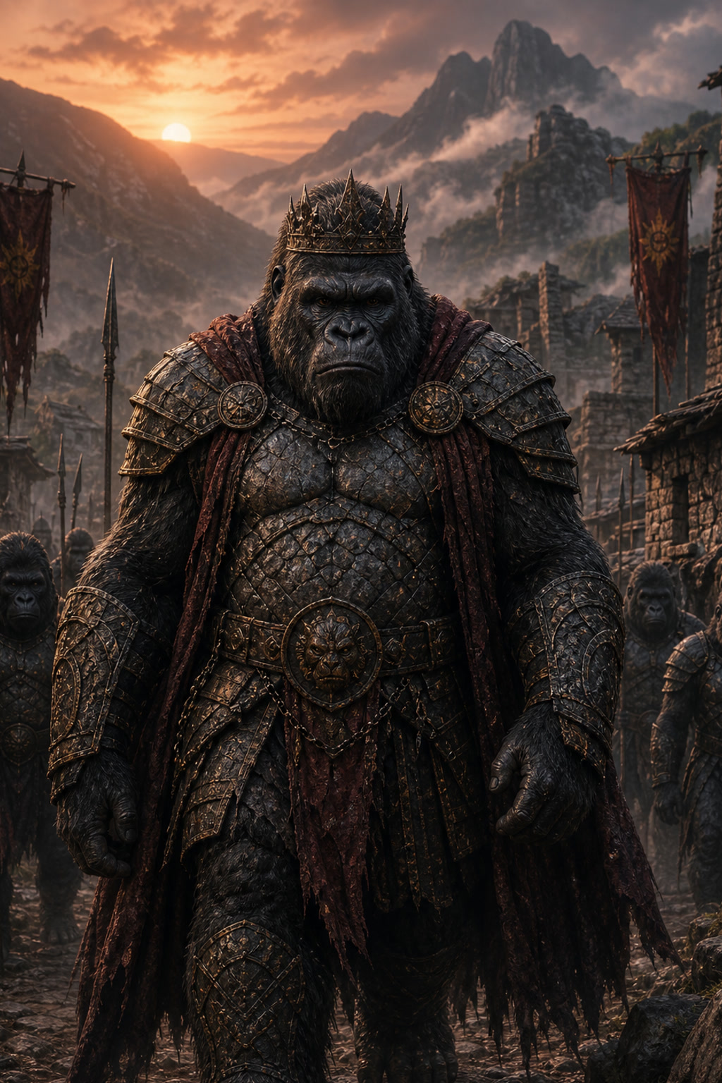 The Gorilla King walks through the mountain village with his guards at dawn cover