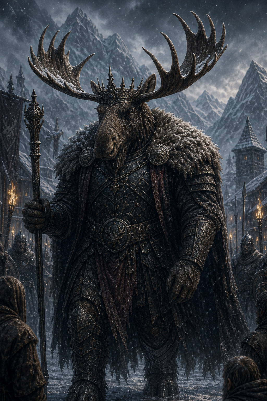 The Moose King walks through the frozen village, antlers crowned in iron cover