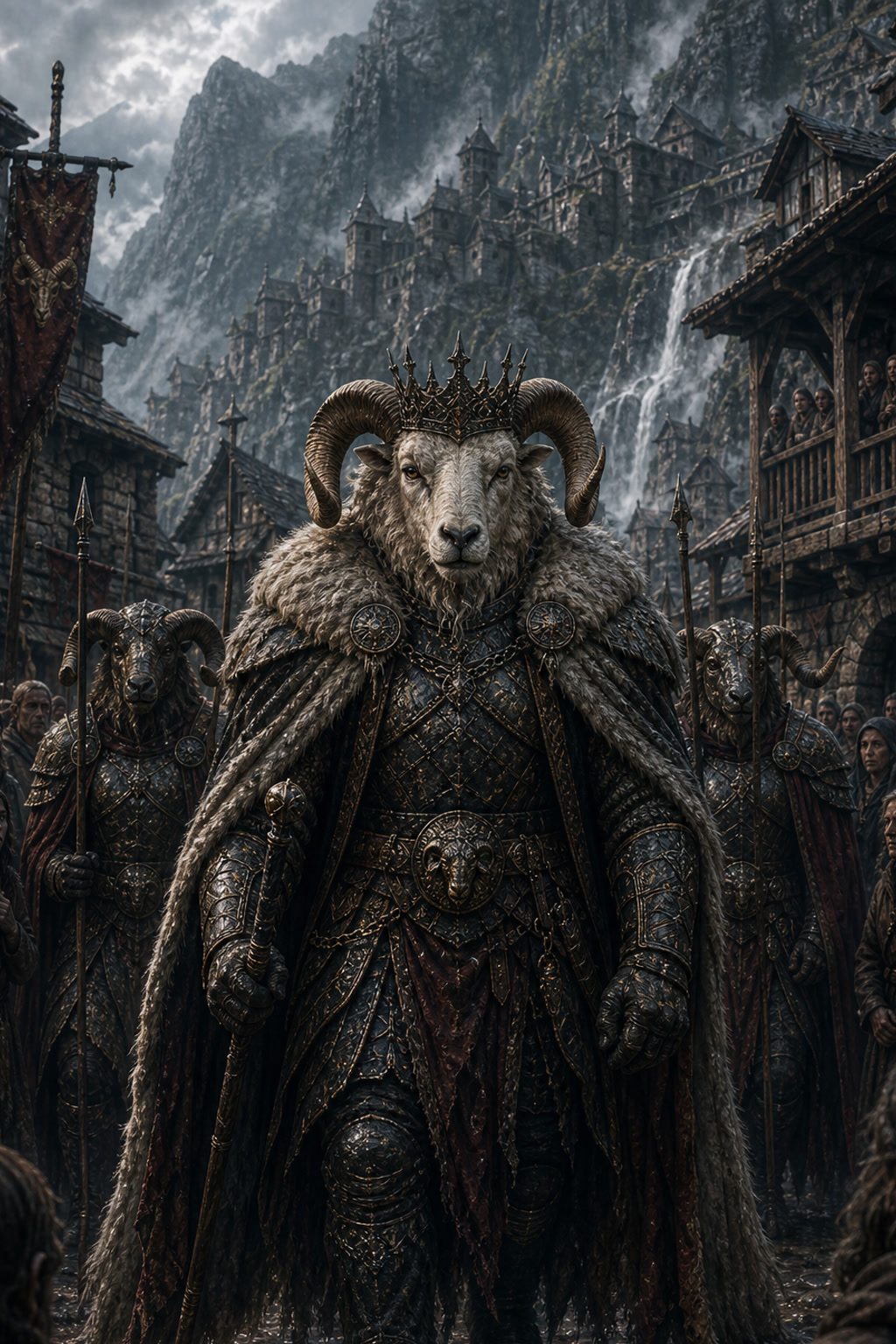 The Ram King walks through the mountain village with his guards cover