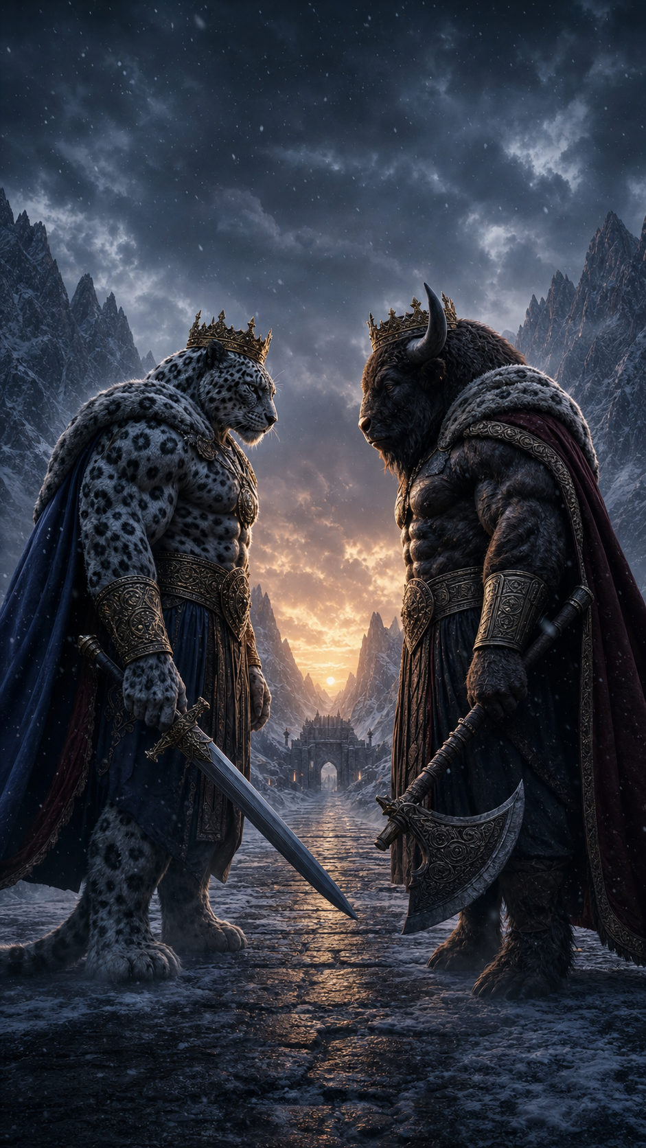 The Snow Leopard King Faces the Bison King supporting artwork